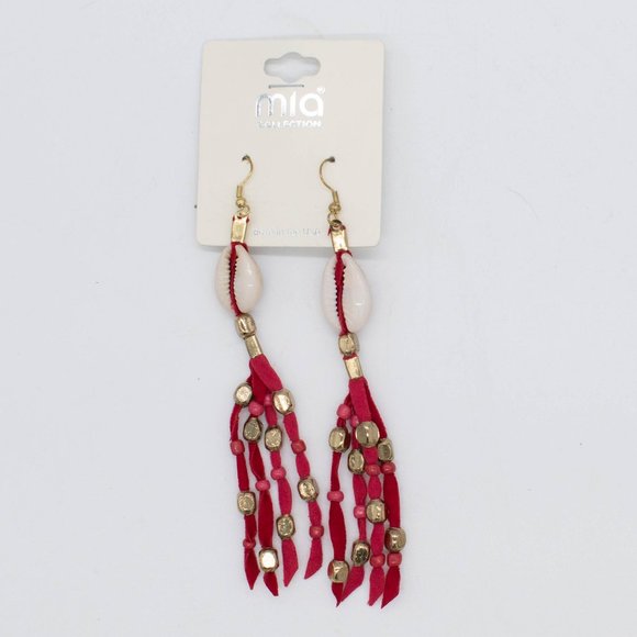 Mia Collection Red Tassel Gold Tone Dangle Shell Hook Earrings - Picture 1 of 3